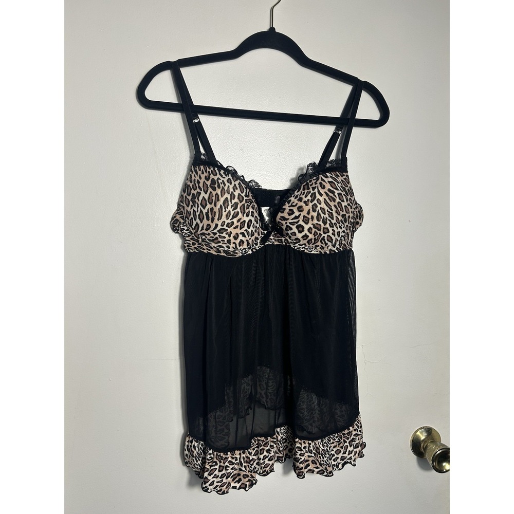 Xhilaration Leopard Print Babydoll Lingerie Size L Black Mesh Chemise‎